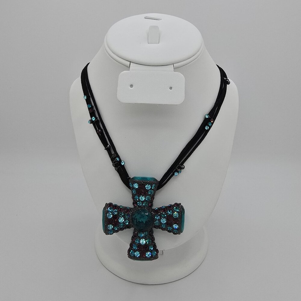 Vintage Black-tone Metal Blue Teal Amethyst Crystal Maltese Cross on Triple Cord